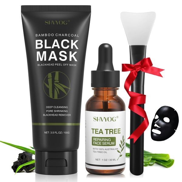 Blackhead Remover Maske, Mitesser Peel Off Maske Holzkohle Maske und Teebaum Serum, Gesichts-Schwarzmaske Porenreinige für Mitesser, Schmutz, Akne, Porenschrumpfen(100g+30ml)