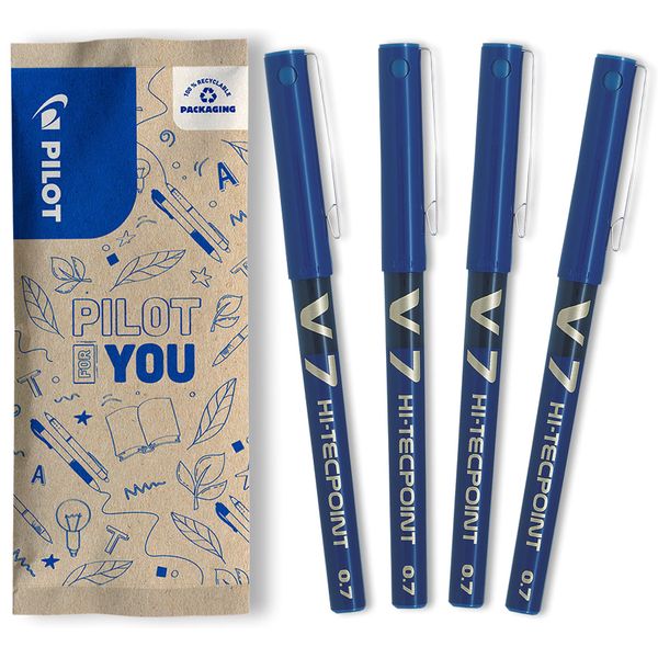Pilot V7 Liquid Ink Rollerball 0.7mm Tip - Blue, Pack of 4
