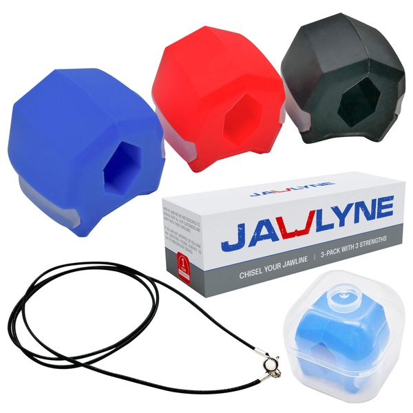 Jawlyne - Jaw Exerciser 3 Pack with 3 Strengths Jawline Toner Exerciser for Men and Women - With Necklace and Storage Containers