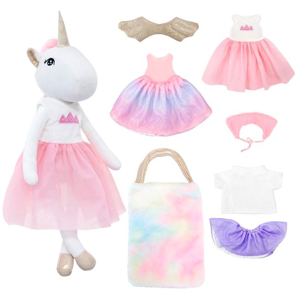 PLYFOU Unicorns Doll Stuffed Animal Toys for Girls - Soft Unicorns Toys - 8 Pieces with Wings, Shawl, Dresses & Tote Bag - Birthday Gift for Girls 3-7