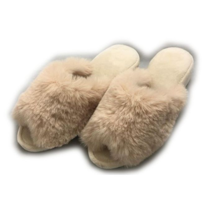 Basic Standard Heel Slippers, Women's, Indoor, Lightweight, Quiet, Stylish, 1.6 inches (4 cm), Beautiful Legs Style, Fur, Beige (For School, Visit Day, Exam, Professional Salon, Beauty Salon, Etc.)