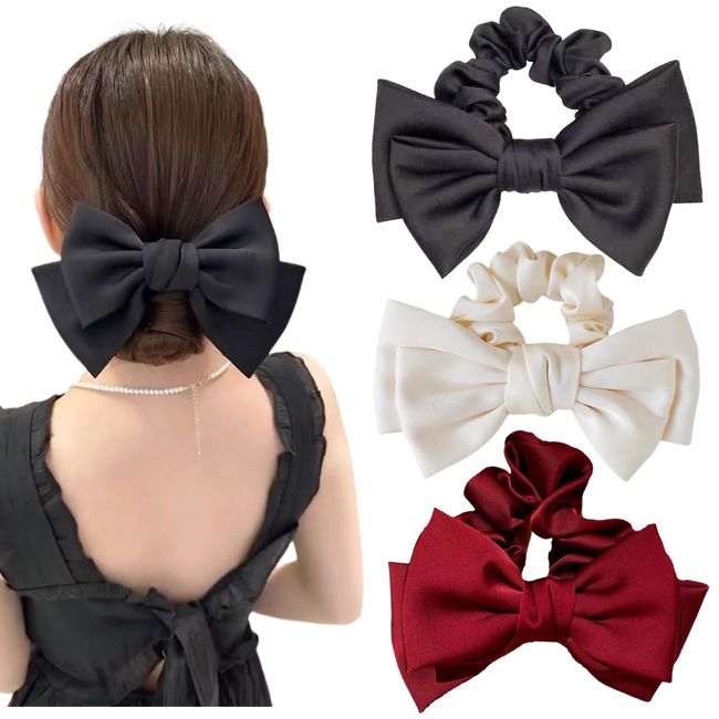 Ypkia Pack of 3 Hair Scrunchies with Bow Satin Silk Bowknot Hair Bow Women's Ponytail Holder Rubber Bands for Women and Girls Bun (Black, Red, Beige)