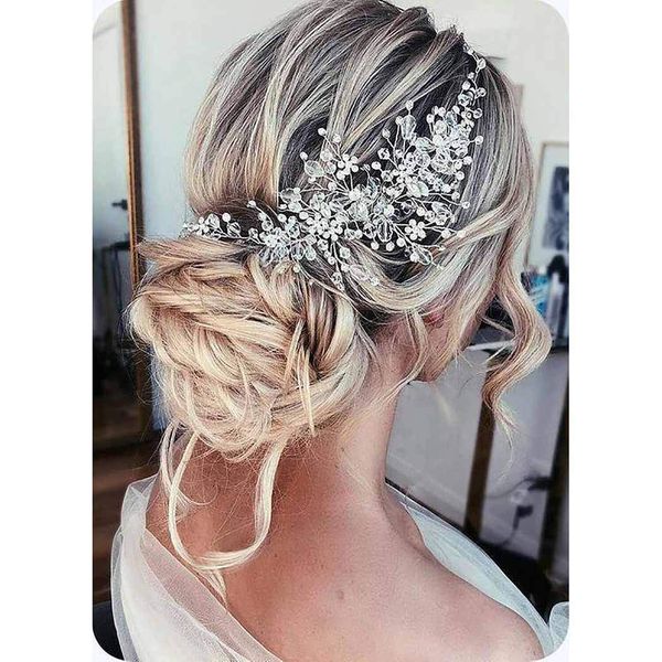 Catery Flower Bride Wedding Headband Silver Crystal Pearl Hair Vine Braid Headpiece Bridal Hair Accessories for Women (Silver)