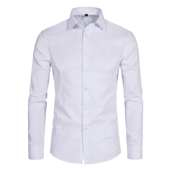 DELCARINO Men's Long Sleeve Button Up Shirts Solid Slim Fit Casual Business Formal Dress Shirt White Medium