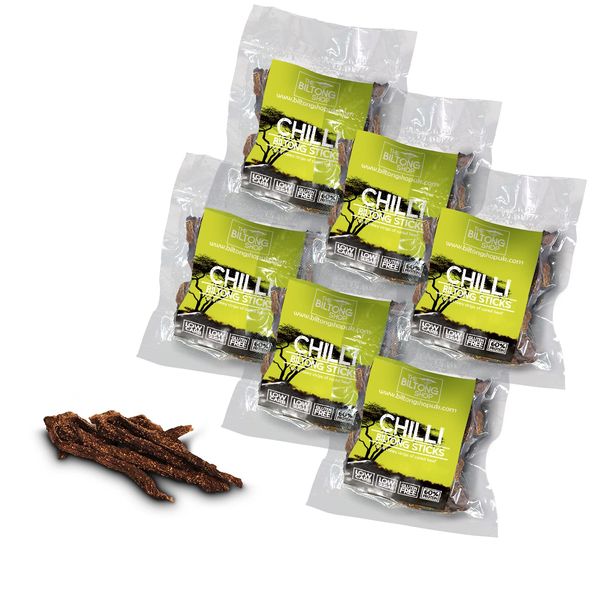 THE BILTONG SHOP - 6 x 68g bags chilli sticks flavour British beef biltong sticks. High Protein Savoury Low Carb Snack