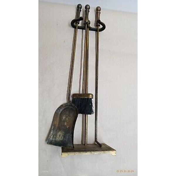 Vintage Fireplace Tool Stand Antique Brass Stand Three Tool Brush Stoker Pan Set