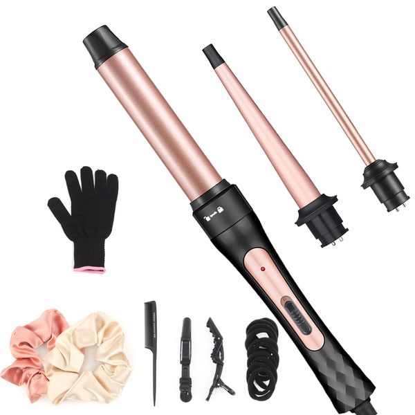 Curling Iron Wand Set, Curling Wand 3 in 1 Hair Curling Wands Interchangeable Ceramic 0.35-1.25inch Barrel Hair Curler, with Heat Resistant Glove