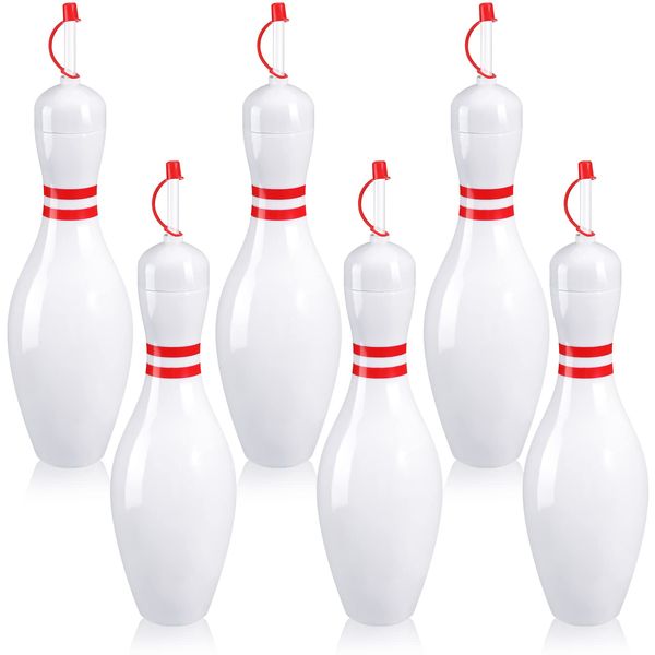 Funtery Bowling Pin Water Bottles with Straws and Lids 25 oz Reusable Bowling Pin Bottles Plastic Red White Bowling Party Favors Birthday Sports Competition Bowling Fans Players Party Supplies(6 Set)