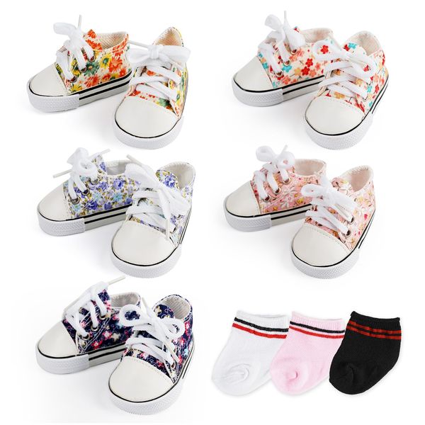 BABESIDE 18 Inch Baby Doll Shoes Set with Baby Doll Socks for Dolls, 5 Pair of Floral Patterns Baby Doll Canvas Shoes with 3 Pair of Doll Socks for 18 Inch Baby Doll Accessories