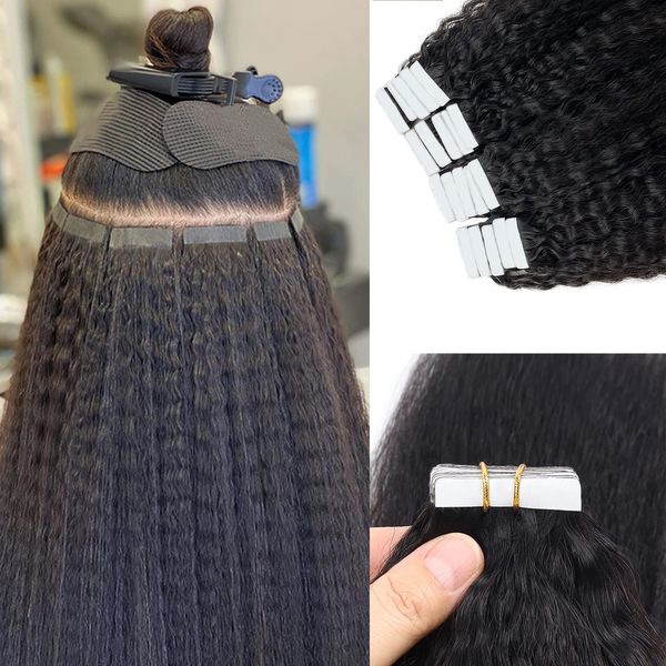 Kinky Straight Tape in Hair Extensions Human Hair Black Women Invisible Tape in Tracks Hair Extensions PU Weft Tape ins for Black Women Human Hair Seamless Kinky Tape in Real Human Hair Extensions 12”