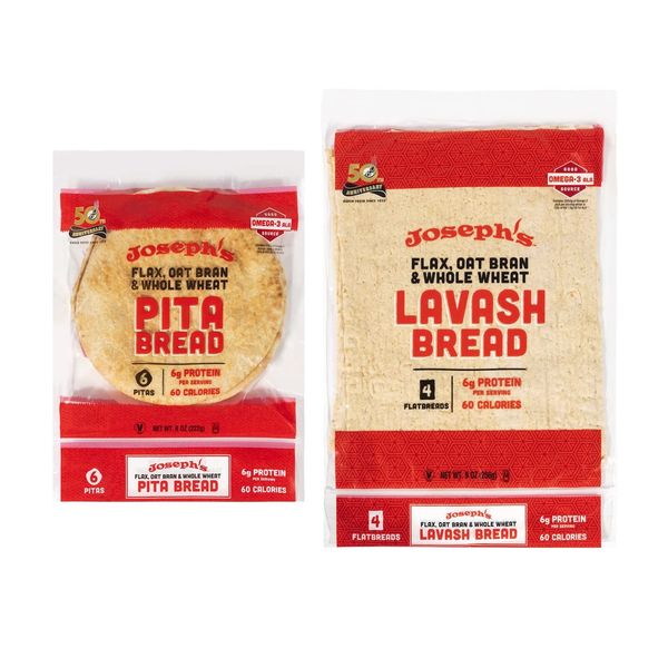 Joseph's 2-Pack Value Variety Bundle, Flax Oat Bran Whole Wheat Lavash Bread (4 Lavash Squares Total) and Pita Bread (6 Pita Loaves Total), Fresh Baked