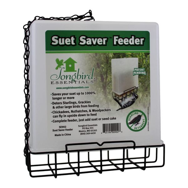 Songbird Essentials Suet Saver Upside Down Suet Feeder, Rigid Plastic Case with Suet Cage Bottom, Holds One Bird Seed Suet Cake