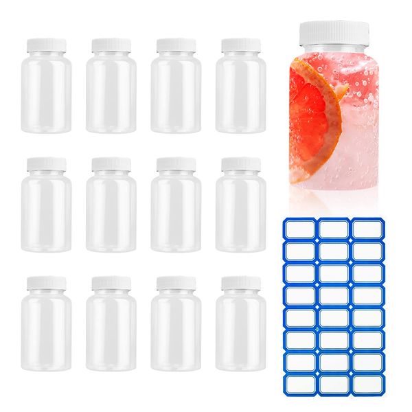 YUE QIN 12 pcs Plastic Juice Bottles with Lids Reusable Mini Smoothie Bottles with Label Plastic Bottles for Making Juice Milk Salad Dressing Smoothie Coffee Other Beverages (100ml)