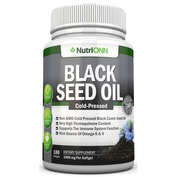 Black Seed Oil - 1000 Mg - 180 Softgels - Cold-Pressed Non-GMO Pure Oil Capsules