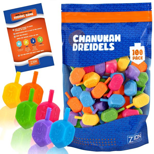 Zion Judaica Hanukkah Plastic Dreidels Hebrew with English Transliteration Bulk Pack Chanukah Driedels Hanukah Game Spinning Tops Chanukah Fun in Resealable Ziplock Bag (100 Pack)