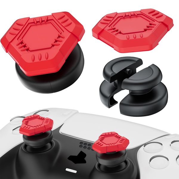 PlayRealm NO Falling Off Thumbstick Extender & Silicone Grip Cover 2 Sets for PS5 & PS4 Controller (UFO Red)