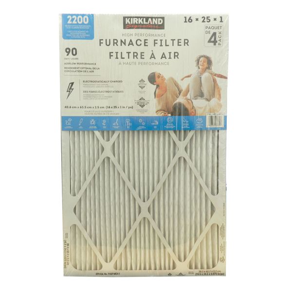 Kirkland Signature 90 Day High Performance 2200 Furnace Filters 16X25X1, 4 Pack