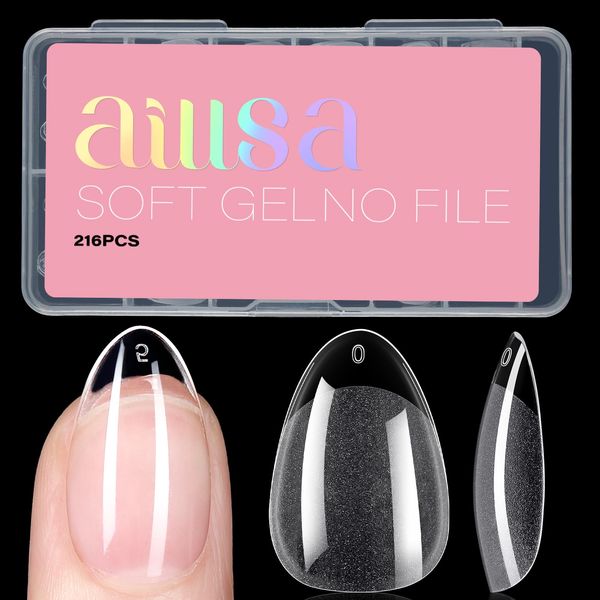 AILLSA Short Almond Nail Tips Soft Gel Pre-Shaped Acrylic Nail Tips Half Matte Full Cover Nail Tips Clear Gelly Press on Flase Nail Tips for Extension Nail Manicure Home DIY 216PCS 12Sizes