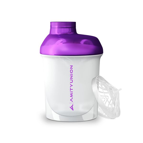 Frauen Protein Shaker 400 ml Weiss Lila Deluxe - ORIGINAL AMITYUNION - Eiweiß Shaker auslaufsicher - BPA frei mit Sieb, Skala für Cremige Whey Shakes, Gym Fitness Becher für Isolate, BCAA Pulver