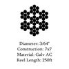 3/64 7x7 Galvanized Aircraft Wire Rope Cable 250' Reel