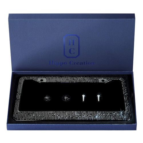Handcrafted Bling License Plate Frames for Women, Men | 1 Pack Bedazzled Cover with Glittery Screw Caps | Stainless Steel Diamond Rhinestone License Plate Frame/Cover | Giftbox Included (Black)