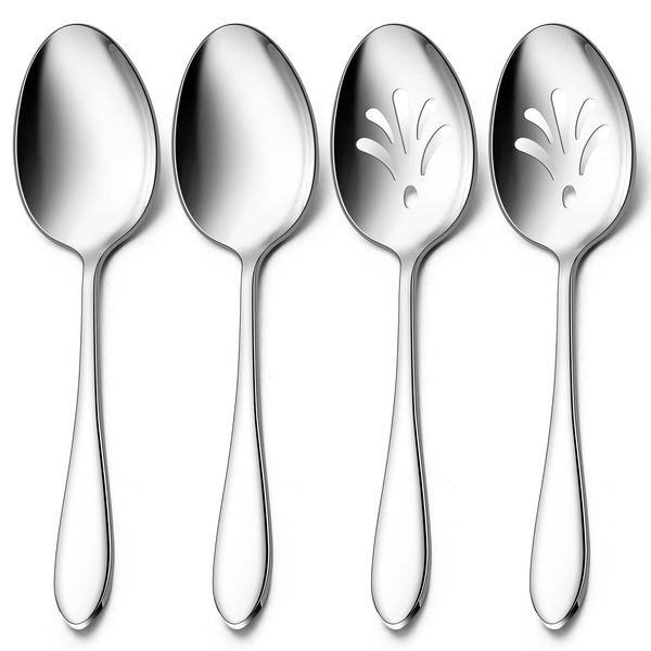 E-far Serving Spoons, 4-Piece Stainless Steel Serving Utensils Set - Solid Spoons x 2, Slotted Spoons x 2, Metal Hostess Serving Tablespoons for Catering Buffet Party Kitchen Restaurant