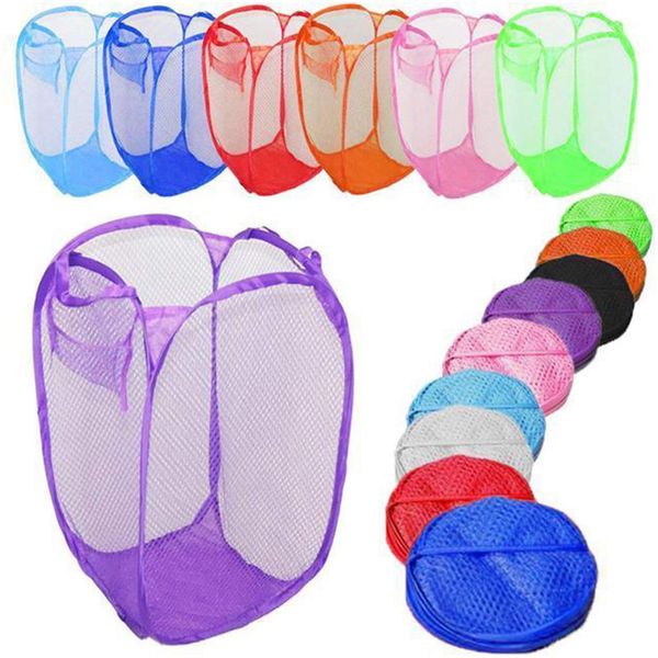 PLASTIFIC Foldable Pop Up Mesh Washing Laundry Basket Bag Bin Hamper Toy Tidy Storage Organiser Laundry Net Bag Clothes Bags (1 x Purple Foldable Basket Bag)