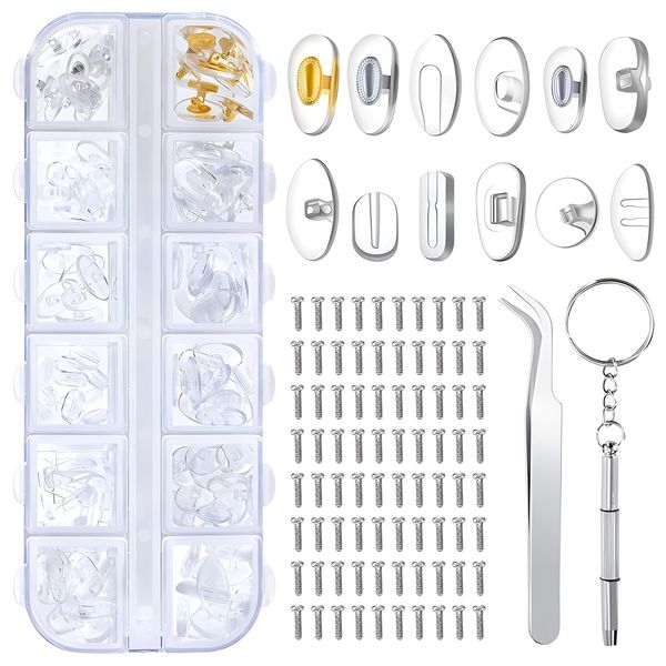 60 Pairs Glasses Nose Pads 12 Styles Eyeglass Nose Pads Kit with Small Screwdriver 80 Screws 1 Pair Tweezers Nose Pads 1 Storage Box for Glasses Repair(Clear)