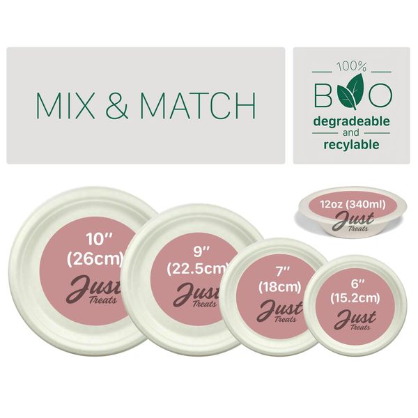 Strong Disposable Plates Made from 100% Sugarcane Bagasse - Mix & Match Sizes 6", 7", 9", 10" Plates & 12oz Bowls - Eco-Friendly Biodegradable Party Plates - Microwave & Freezer Safe - Packs 25-1000