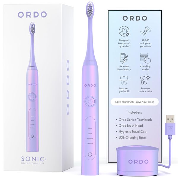 Ordo Sonic Electric Toothbrush Advanced Smart Tech with 4 Brushing Modes Fast Rechargeable Battery and Silicone-Polishing Element USB Charger for Adults Purple Pearl Violet