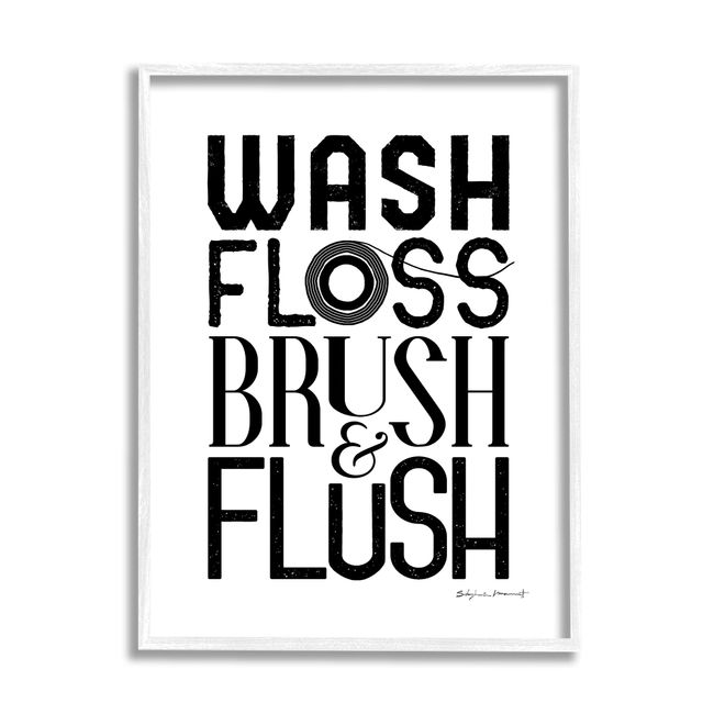 Stupell Industries Bathroom Terms Wash Floss Brush Flush Minimal Text, Designed by Stephanie Workman Marrott White Framed Wall Art, 24 x 30, Black