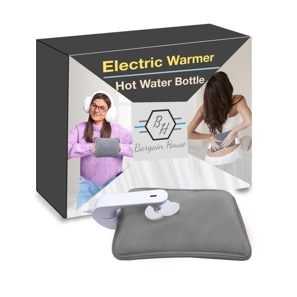 Bargain House Rechargeable Electric Hot Water Bottle with Cover, Portable Heating Pad for Pain Relief Cramps and Sore Muscles, Bed Hand Warmer Pouch Gift, Auto-Shut Off Function, Grey