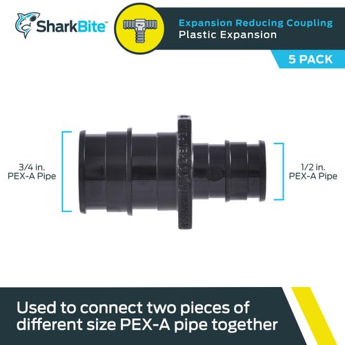 SharkBite 1/2 Inch x 3/4 Inch Expansion Reducing Coupling for PEX-A Pipe, Pack of 5, Plastic Plumbing Fittings, Poly Reducing Coupling for PEX-A Tubing, UA058A5