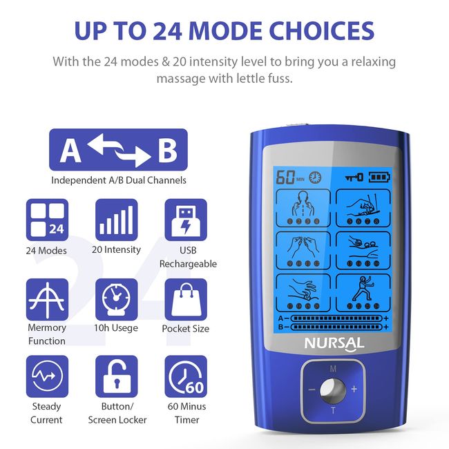 [24 Modes] NURSAL AS1080 Dual Channel TENS EMS Unit Muscle Stimulator
