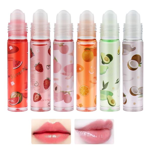 KUIRUNRX® Roll On Lip Gloss, Frutta Sapore Lip Gloss, lucidalabbra Trasparente, Lucidalabbra Profumate al Gusto Chiaro per Labbra Idratante a Lunga per Le Donne E Le Ragazze (Fruity, 6pcs)