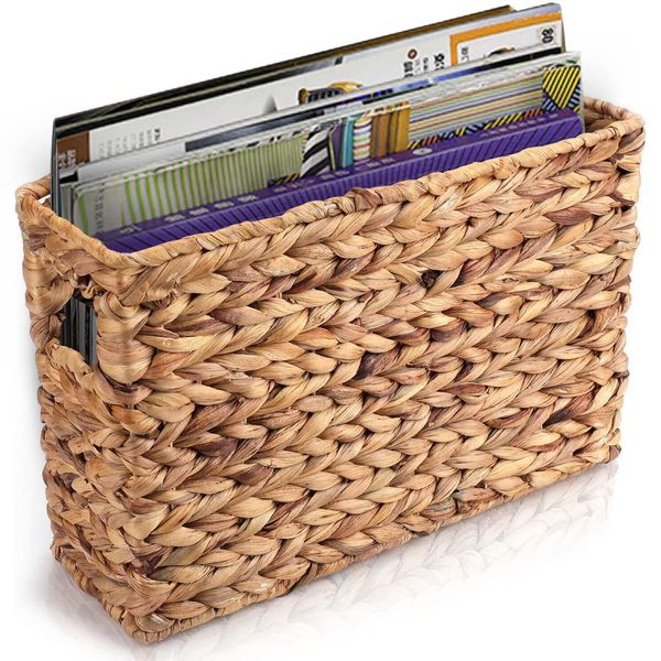 Yesland Hand-Woven Magazine Basket, Natural Narrow Water Hyacinth Holder Magazine Wicker Basket,15.5 x 5.5 x 9.75 Inch Decorative Magazine Storage Basket Bin for Home, Office, Desk