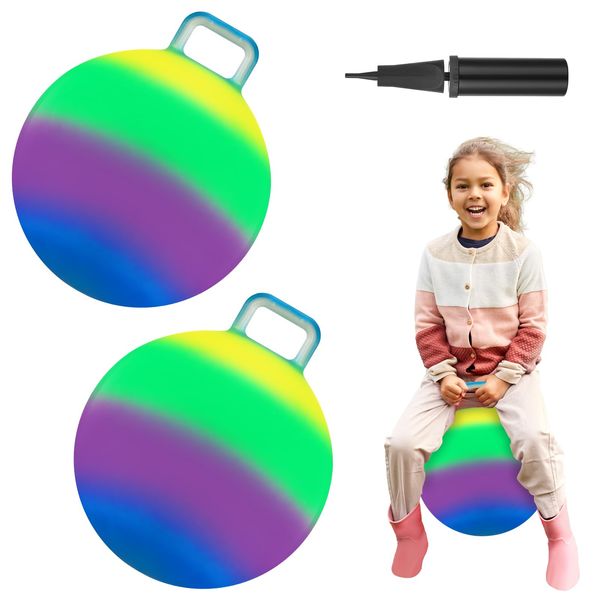 Poen 2 Pcs Bouncing Ball with Handle, Hopper Ball Jumping Hopping Ball with Air Pump, Bouncy Ball for Kids Exercise Ball for Boys Girls Gifts Games(18 Inch,Colorful)