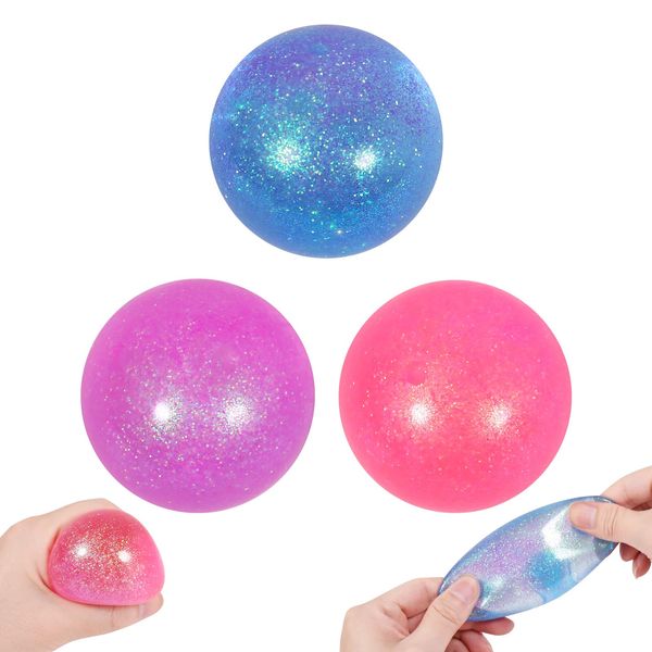 3pcs Sugar Ball,2.5" Slow Rise Squishy Stress Relief Balls Stretch Clear Glitter Malt Syrup Filled Moldable Relaxing Sensory Fidget Stress Toy for Adults and Kids,Hand Exercise Balls Gift for Friends