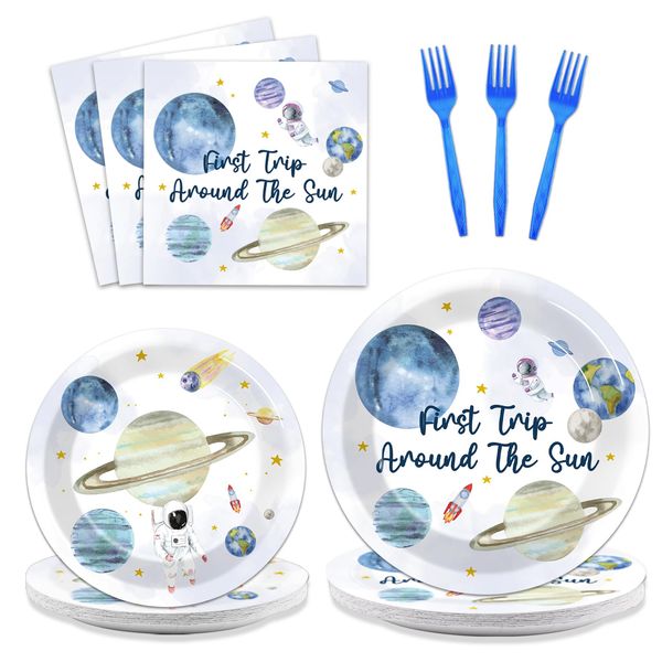 96 PCS First Trip Around The Sun Birthday Party Decorations Outer Space Themed Decorations 1st Space Birthday Dinner Paper Plates Boho Solar System Napkins Forks Sun Theme Party Favors Supplies