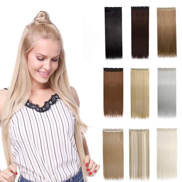 Silk-co One Piece Hair Extensions Clip in 30inch Long Straight Bleach Blond Hairpiece Synthetic Half Head Heat Resistant