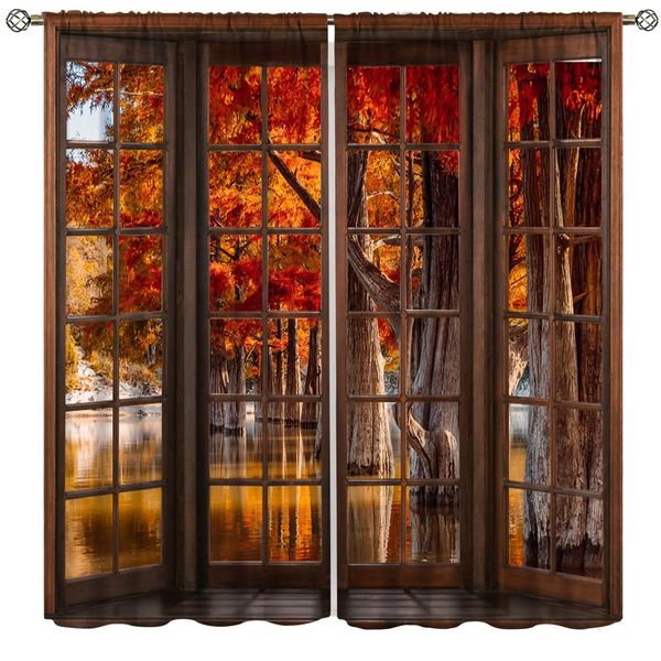 Autumn Curtains,Fall Lake Maple Leaf Forest Nature Landscape Rod Pocket Black...