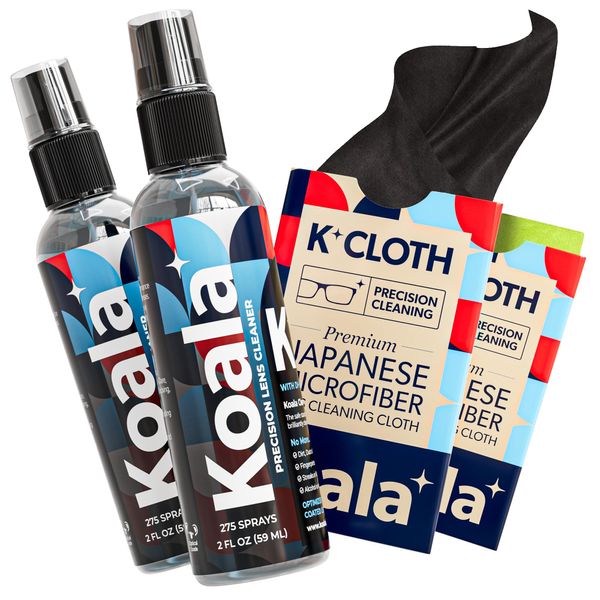 Koala Eyeglass Lens Cleaner Spray Kit | (2x) Glasses Cleaner Bottle + (2x) Microfiber Cloth | Alcohol Free Eyeglasses, Screen, and Camera Cleaning Kit | Made in USA (4 Piece Set)