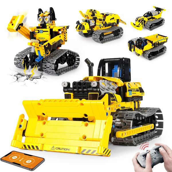 LECPOP 5 in 1 STEM Robot Toy Building Kit, 452 PCS Blocks App & Remote Control Engineering Toys Robotics for Kids Ages 8-12, RC Bulldozer Erector Sets for Boys Girls 6 7 9 10 11 13 14+ Birthday Gifts