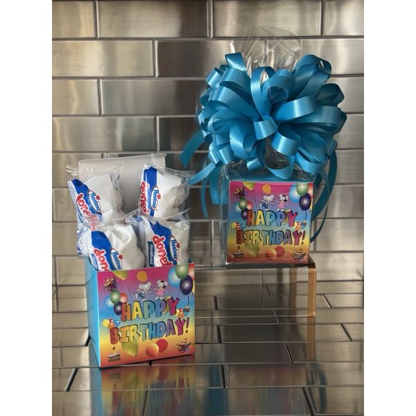 Kids Happy Birthday Hostess Powdered Sugar Donuts Gift Basket-Box Wrap-Blue Bow