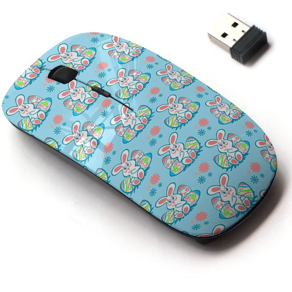 2.4G Wireless Mouse with Cute Pattern Design for All Laptops and Desktops with Nano Receiver - Easter Bunny Eggs on Blue