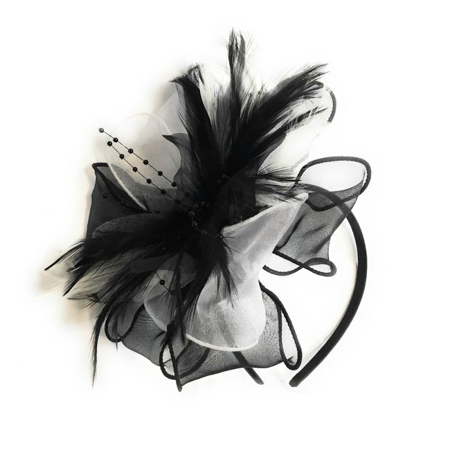 Black and White Feather Chiffon Fascinator Headband Wedding Ascot Races Ladies