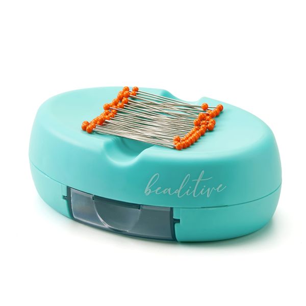 Beaditive Magnetic Pin Cushion with Drawer - Strong Magnet Pin Holder Cushion for Sewing - 50 Glass Head Quilting Pins Included - Chic Pincushion Caddy for Sewing Pins, Paper Clips, Screws – Turquoise