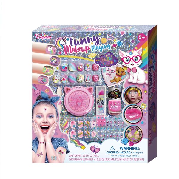 Tokidas Kids Makeup Sets Funny Makeup Playing Glow in The Dark Press on Nails Eyeshadow Blush Lip Stick Gem Stickers Kids Toys for Birthday Gifts