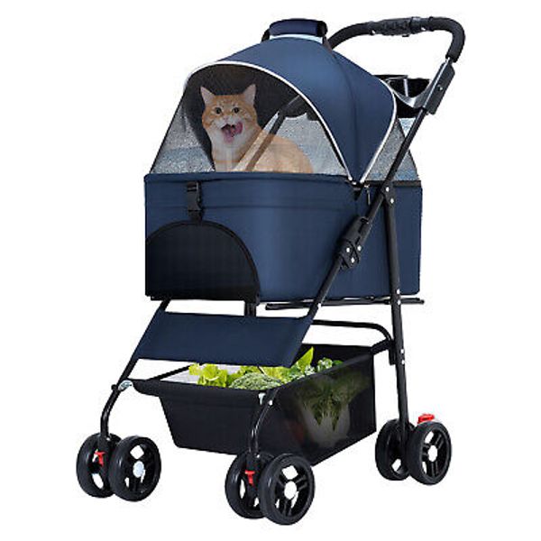 New Foldable Pet Dog Stroller Travel Carriage 4 Wheels w/ Cup Holder & Food Tray