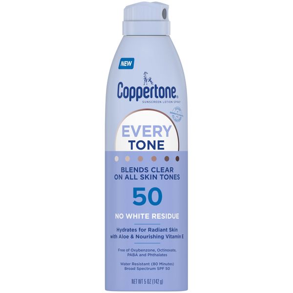 Coppertone Every Tone Sunscreen Spray SPF 50, Lightweight, Rubs on Clear Sunscreen for All Skin Tones, Formulated with Nourishing Vitamin E, 5 Oz Bottle